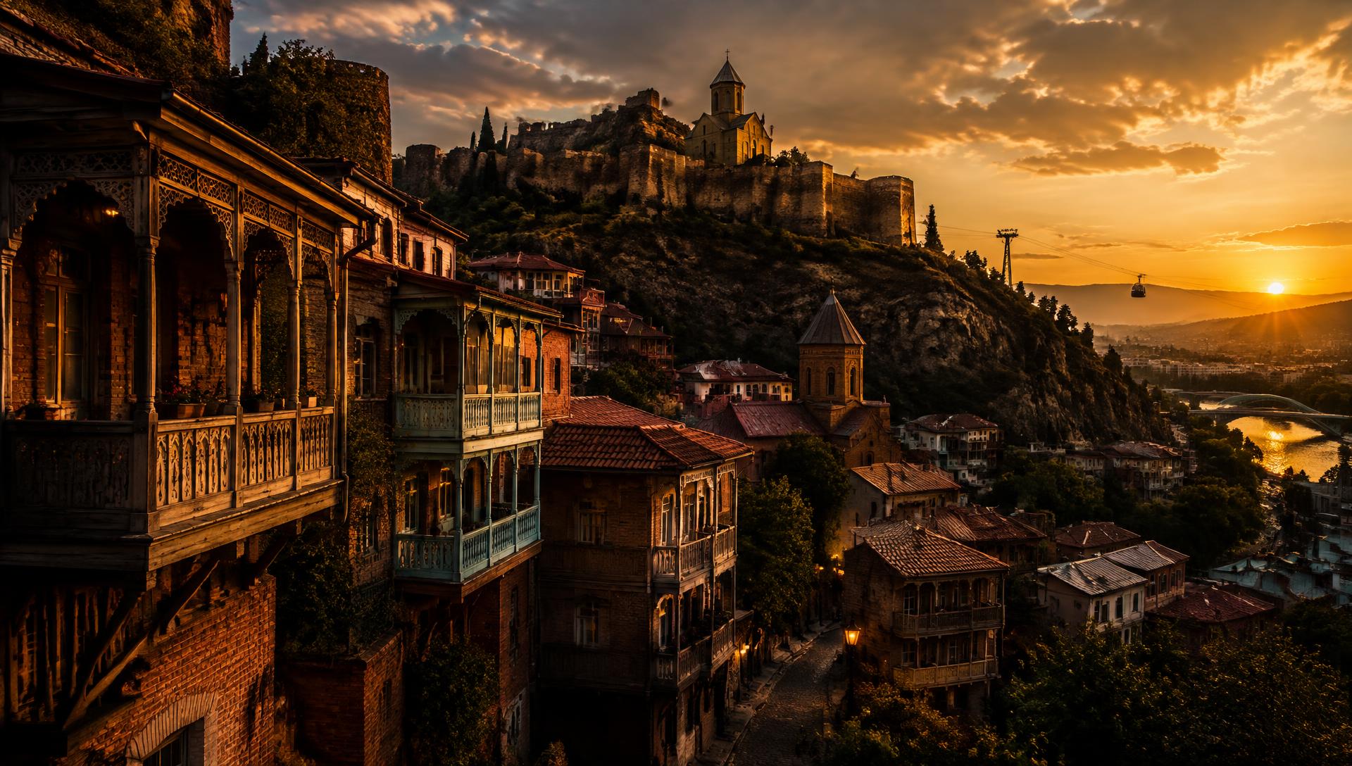 Tbilisi old town with carved wooden balconies below Narikala fortress at sunset