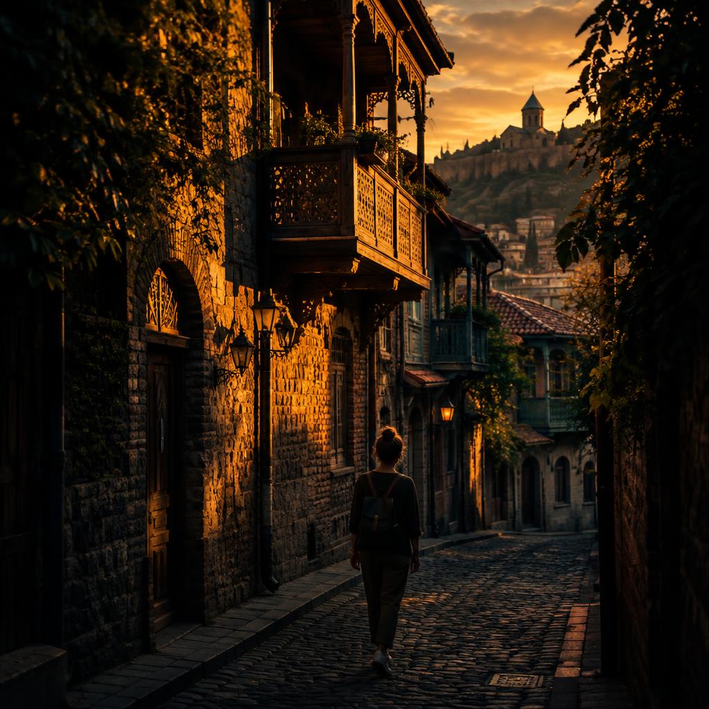 A traveler walking down a narrow street in Tbilisi's old town at golden hour